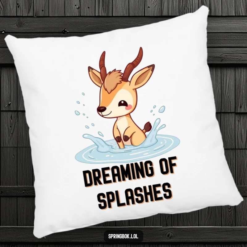 Funny springbok pillow featuring a playful springbok character splashing happily in a puddle, adding comfort and humor.