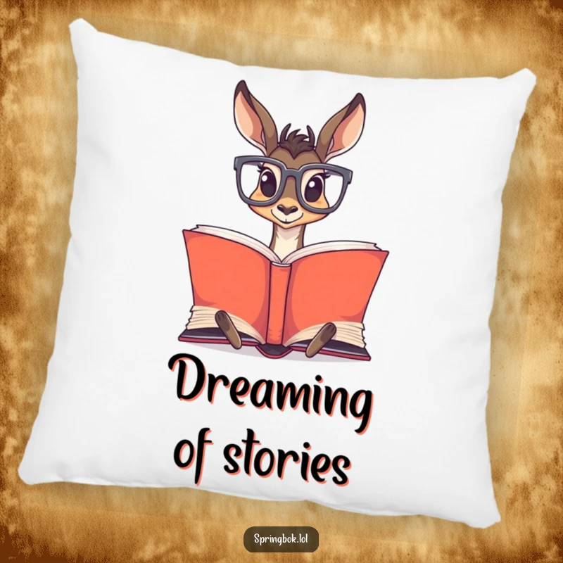 Funny Springbok Glasses Pillow: A springbok wearing large glasses, engrossed in a huge book, perfect for comfort.