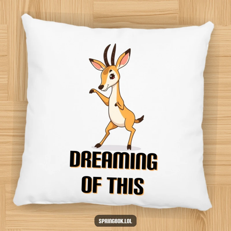 Funny Springbok Pillow showcasing a springbok caught mid-hilarious dance move, offering plush comfort and a side of silliness.