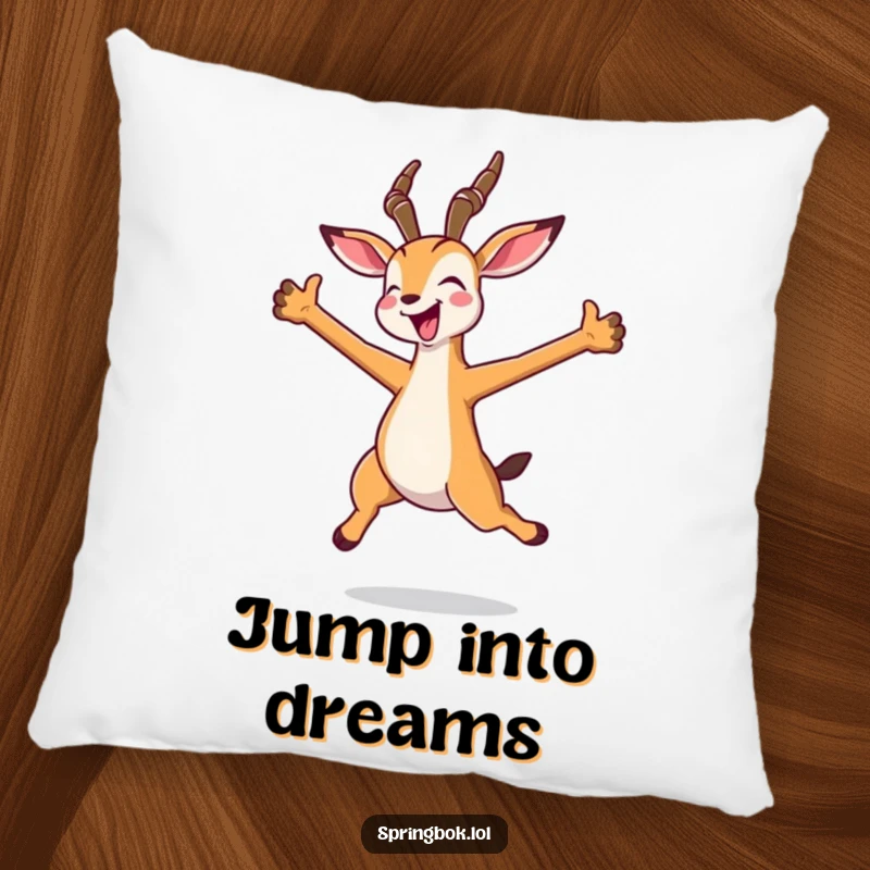 Funny kawaii springbok pillow in a joyful leap with arms spread wide, offering comfort and radiating happiness.