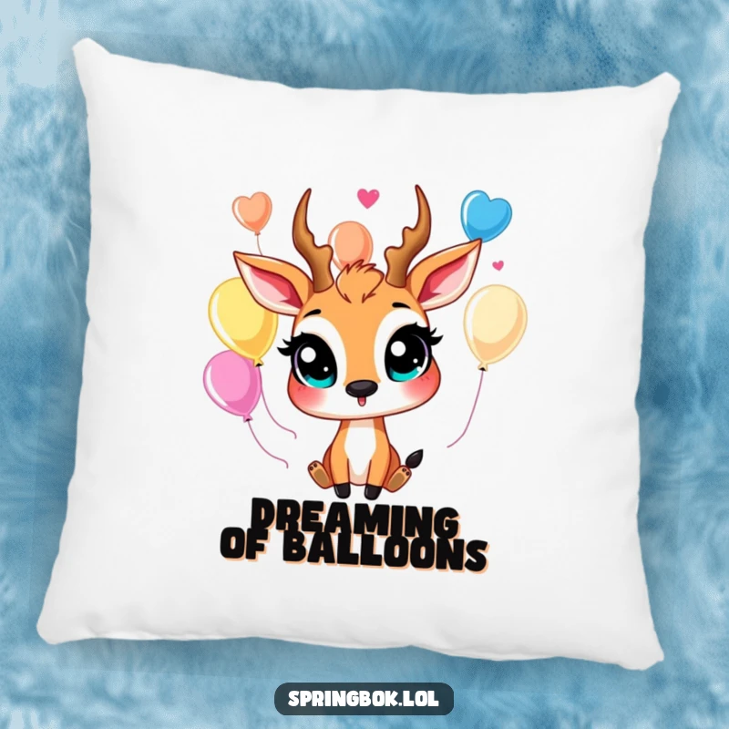 Funny springbok pillow with large, happy eyes humorously juggling bright balloons, providing a soft and cheerful decorative accent.