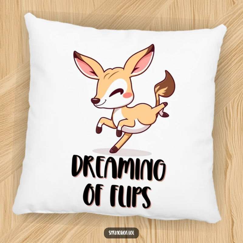 Funny Springbok cartwheel pillow, a springbok winking and doing a cartwheel, soft and humorous home decor.