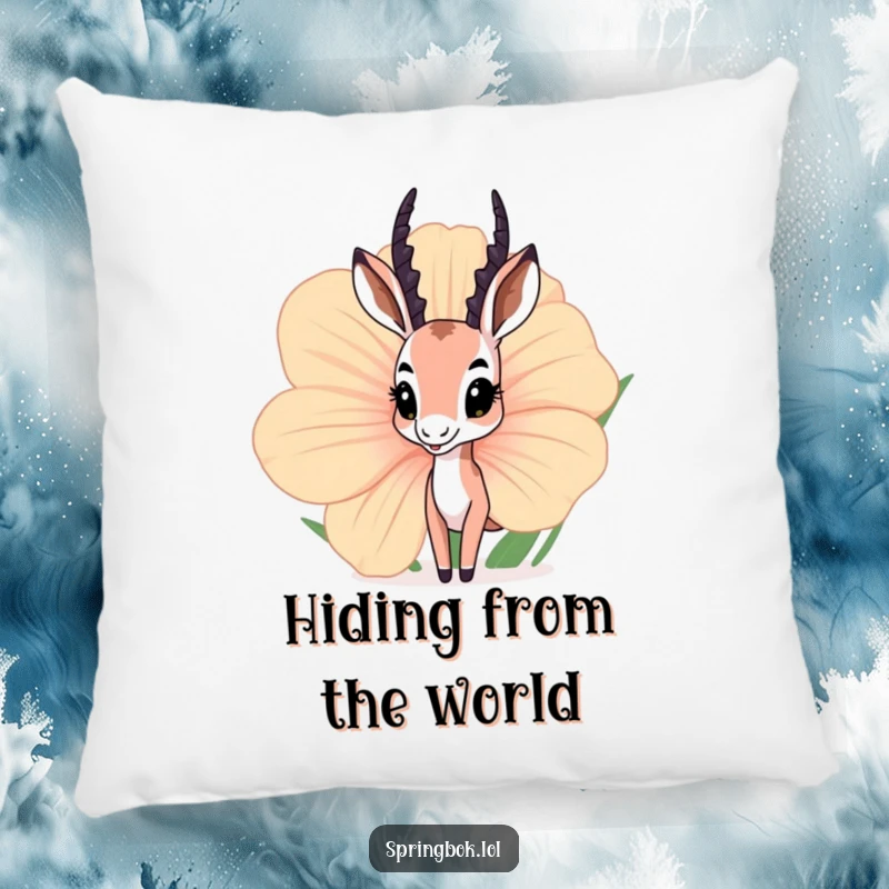 Funny springbok decorative pillow with a curious springbok peeking from behind a giant flower, offering cozy and whimsical decor.