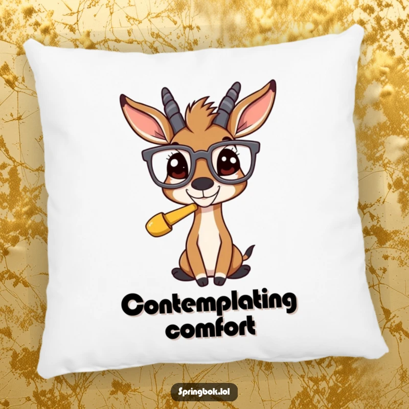 Funny springbok with oversized spectacles, gazing amusingly at an unknown object, on a soft, decorative pillow.