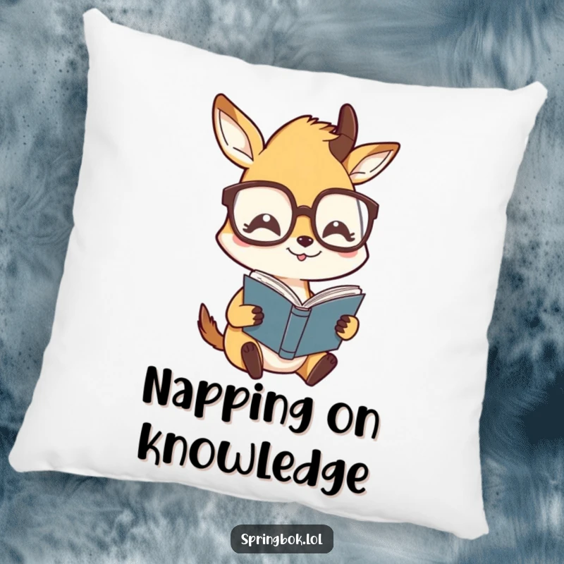 Funny pillow showing a springbok character wearing oversized glasses, humorously reading, soft and plush with witty art.