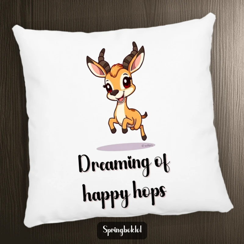 Funny Springbok Pillow: A springbok hopping with a wide, happy grin, a plush and funny accent for comfort.