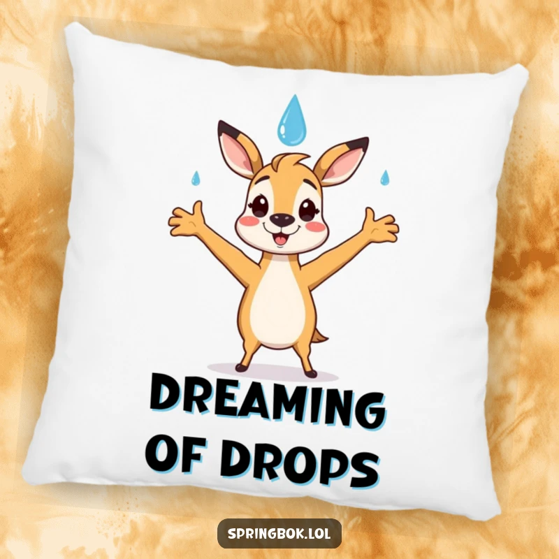 Funny springbok pillow featuring a springbok character happily catching a smiling raindrop with open arms, adding comfort and charm.