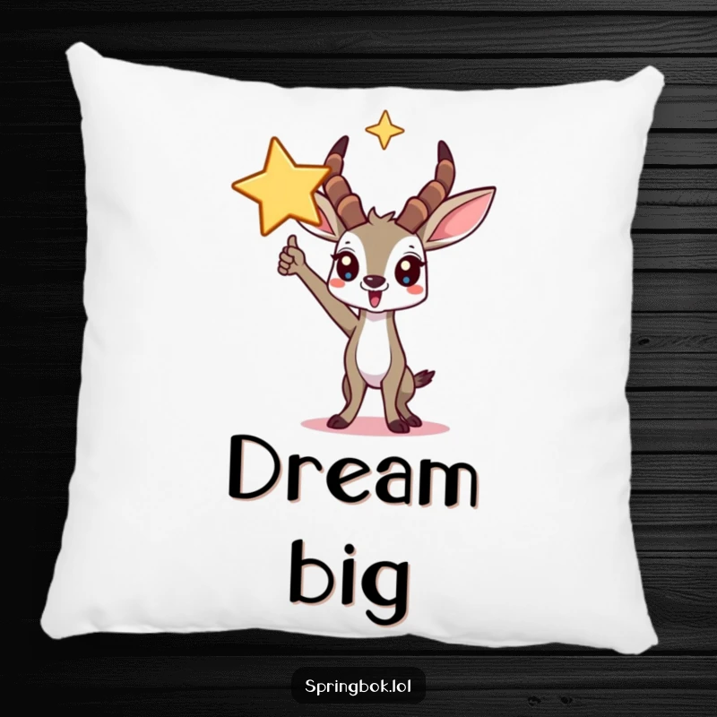 Funny springbok pillow depicting a triumphant character under a large star, offering comfort and a humorous, celebratory feel.