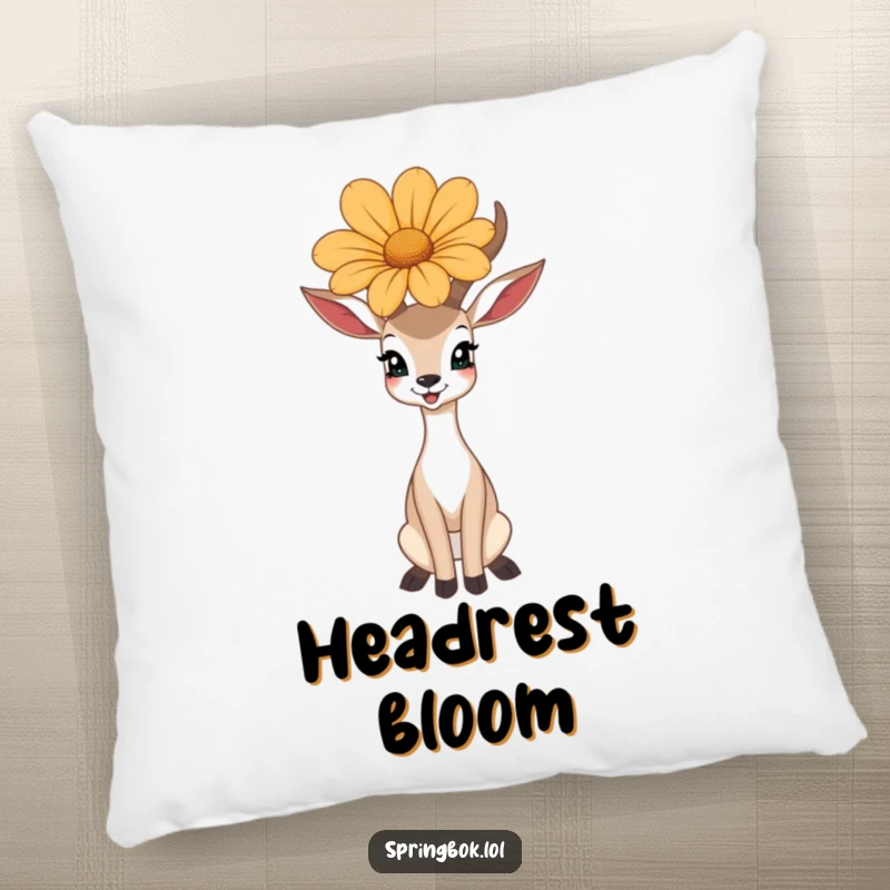 Funny pillow with a happy antelope balancing a large flower on its head, perfect for comfort and decor.