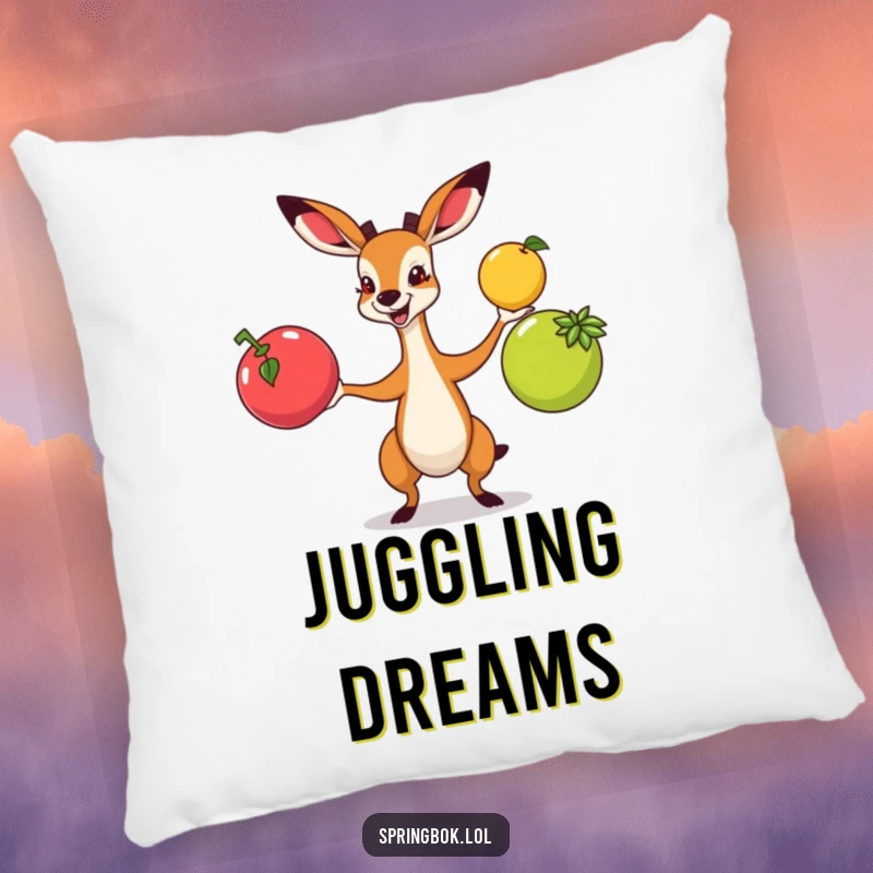Funny springbok juggling colorful fruits energetically, depicted on a soft and decorative pillow.