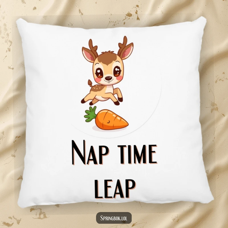 Funny decorative pillow showing a round antelope with friendly eyes leaping over a tiny carrot, a humorous and cozy item.