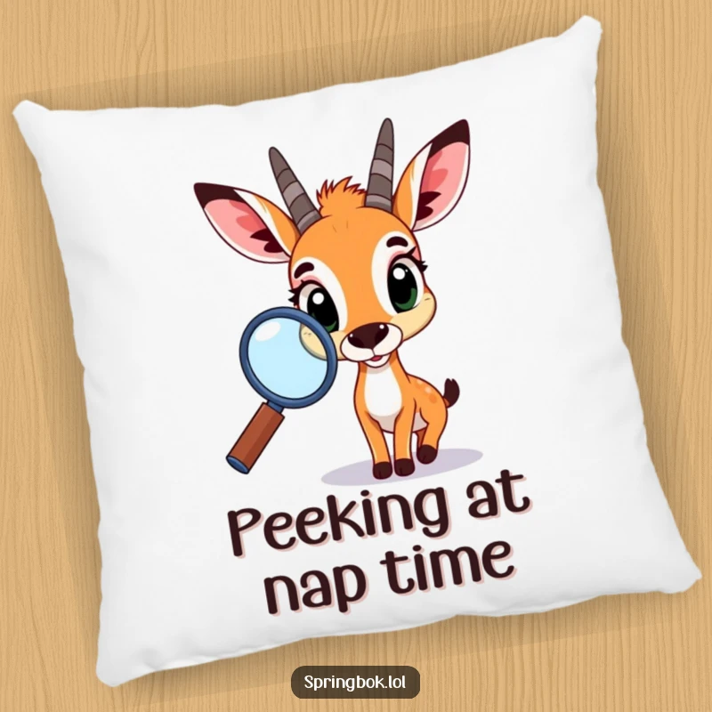 Funny springbok pillow, featuring a wide-eyed springbok examining something with a giant magnifying glass, offering comfort and a humorous touch.