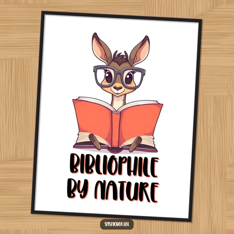Funny Springbok Glasses Digital Art Print: Springbok with large glasses reading a large book.