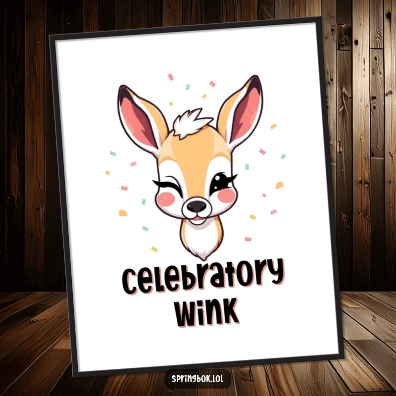 Funny digital art print of a springbok winking with falling confetti, embodying playful celebration and festive humor.