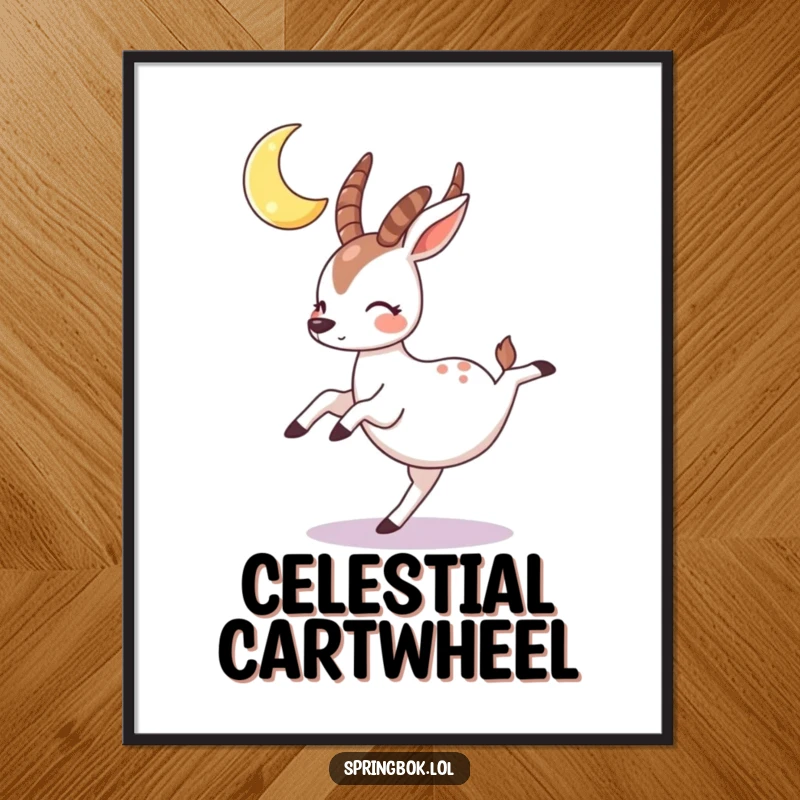 Funny springbok digital art print of a rosy-cheeked character cartwheeling under a crescent moon, perfect for whimsical displays.