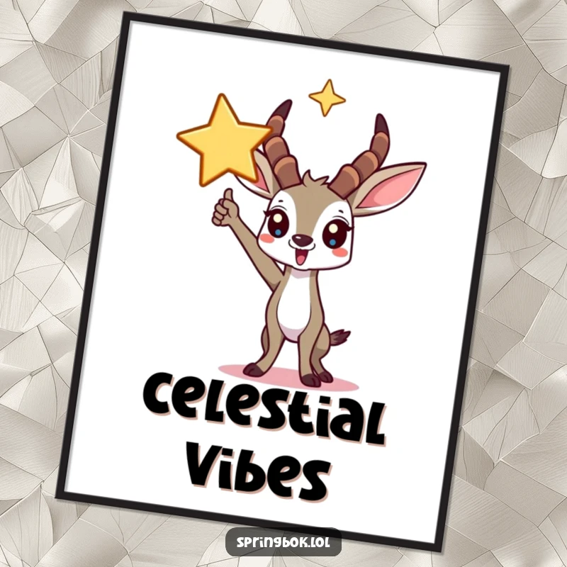 Funny springbok digital art print of a triumphant character posing under a large star, perfect for decorative use.