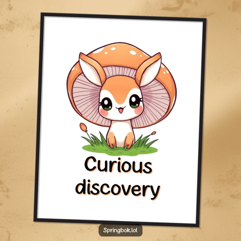 Funny digital art print of a springbok character peeking with wide eyes from behind a large, cheerful mushroom, perfect forest wall decor.