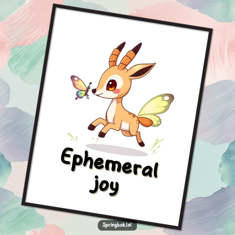 Funny springbok digital art print of a playful character chasing a shimmering butterfly, perfect for whimsical digital displays.