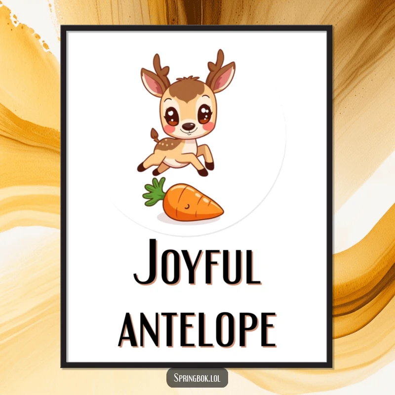 Funny digital art print of a round antelope with friendly eyes leaping over a tiny carrot, instant whimsical decor.
