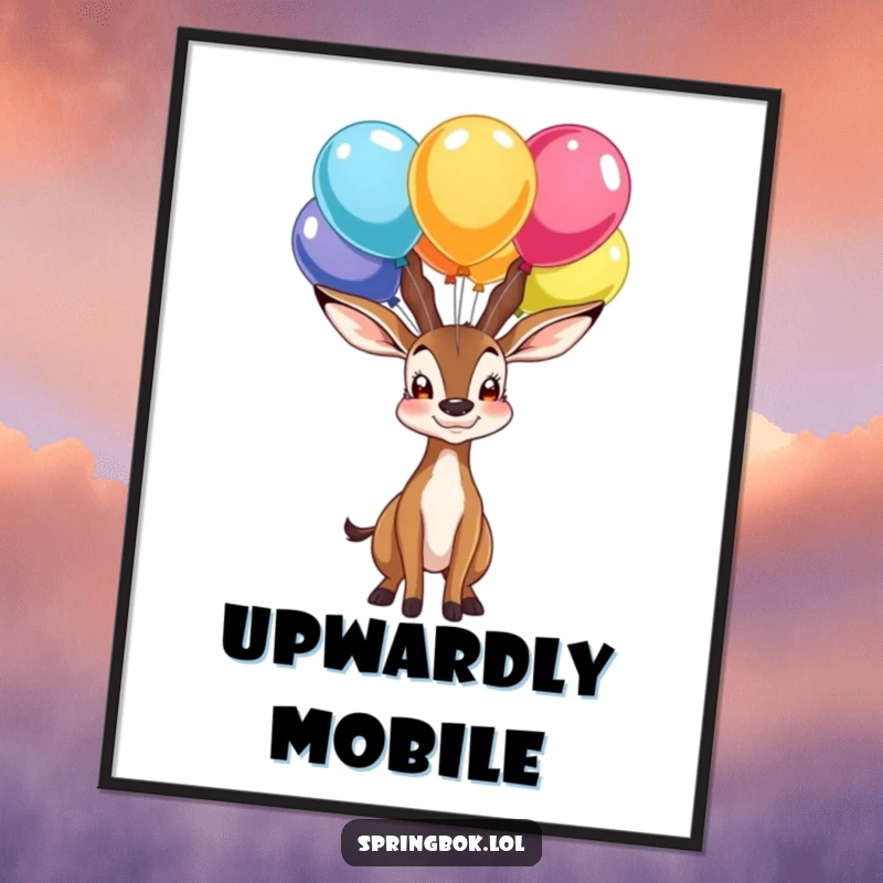 Funny digital art print of a proud springbok character balancing colorful balloons on its nose, perfect for celebratory wall decor.