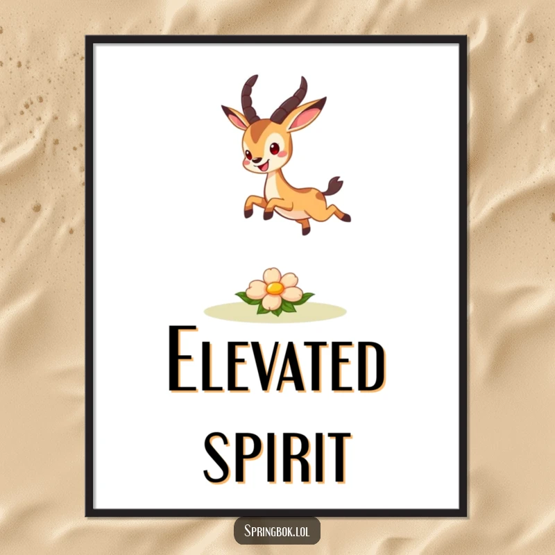 Funny digital art print of a cute springbok character joyfully leaping over a small, smiling flower, whimsical wall decor.