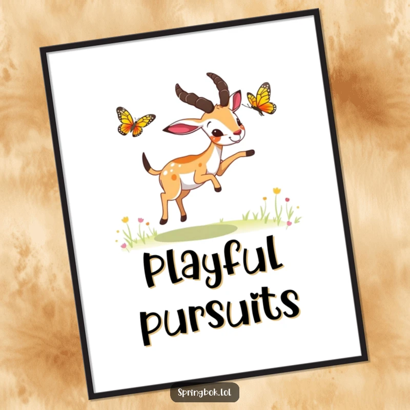 Funny springbok butterfly chase digital art print, a springbok playfully chasing a butterfly, high-quality and humorous.