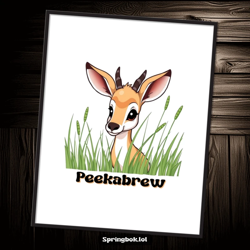 Funny Springbok Digital Art Print: A high-resolution image of a springbok peeking mischievously from behind tall, lush grass, ready for display.