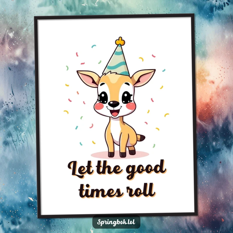 Funny Springbok Digital Art Print of a springbok celebrating with a party hat and confetti. Instant hilarious wall decor, perfect funny gift.