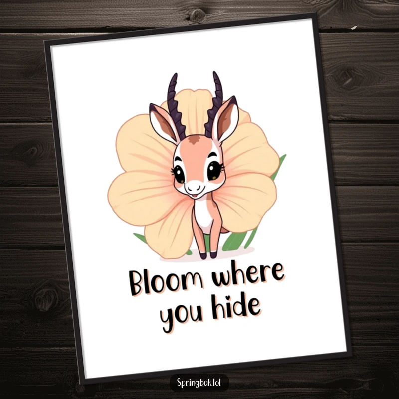 Funny springbok digital art print of a curious springbok peeking from behind a giant flower, ideal for whimsical wall decoration.