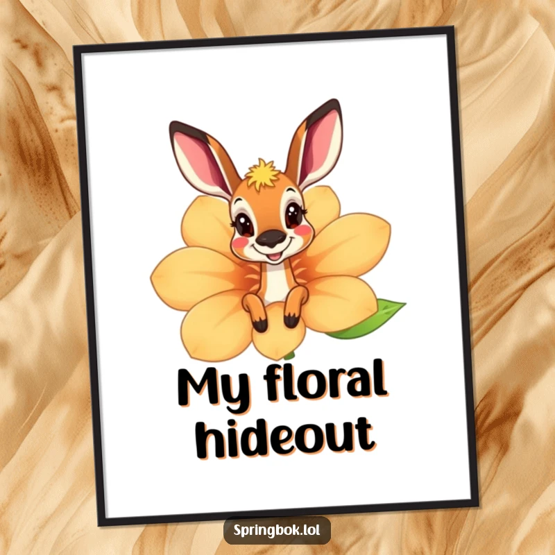 Funny springbok digital art print of a playful peek from behind a giant, smiling flower, available for instant download.
