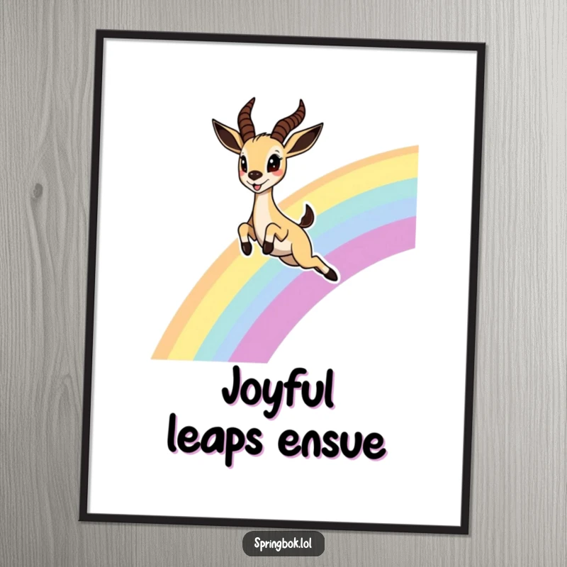 Funny Springbok Rainbow Digital Art Print, showcasing a cute springbok leaping joyfully over a rainbow with delighted eyes, ideal for digital display.