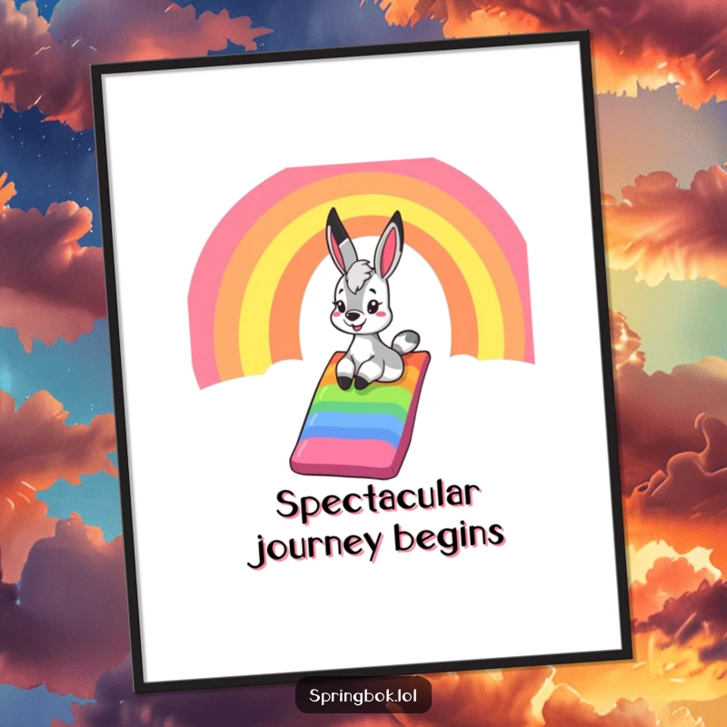 Funny springbok digital art print, featuring a springbok sliding down a rainbow, perfect for vibrant, joyful, and humorous wall decorations.