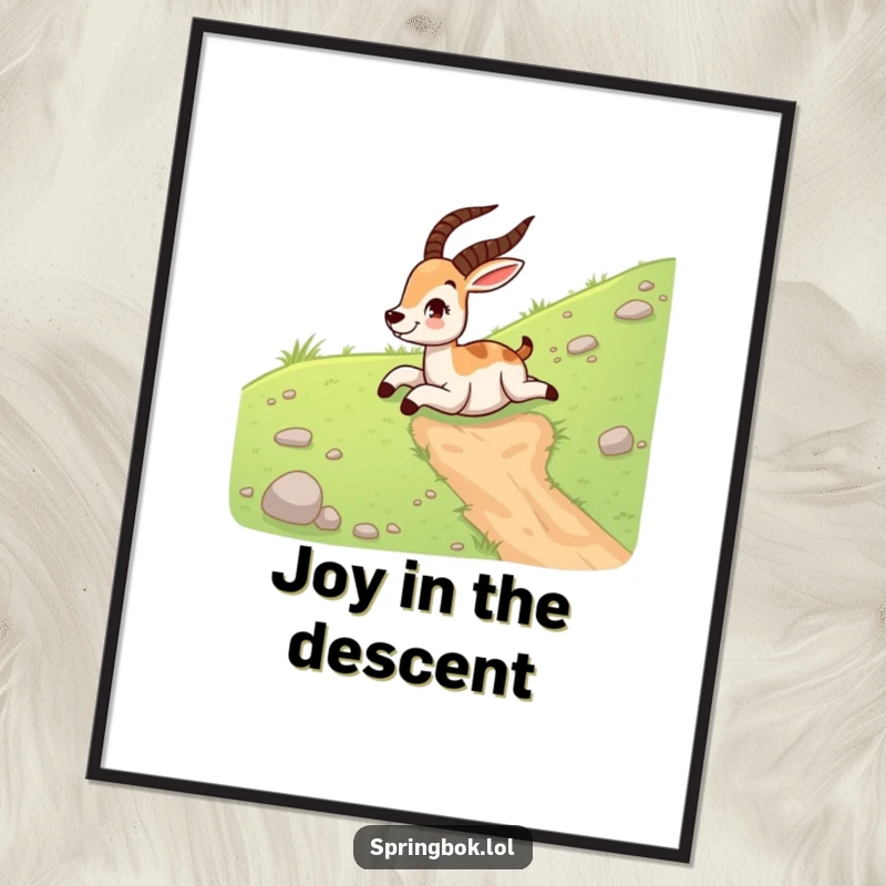 Funny springbok digital art print of a happy springbok sliding down a grassy hill on its belly, perfect for wall decoration.