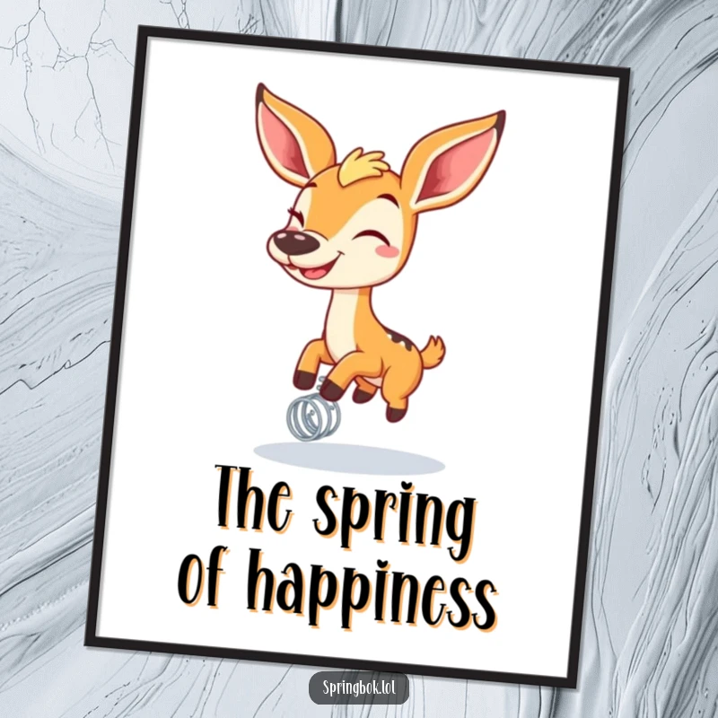 Funny springbok with a wide grin bouncing on a spring, depicted in a digital art print for humorous decor.