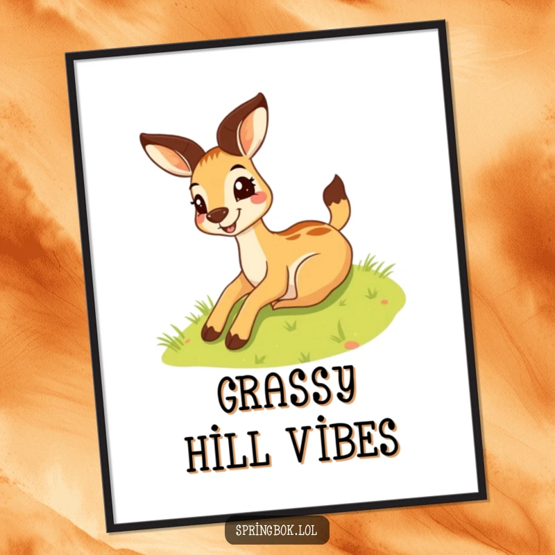 Funny springbok digital art of a silly springbok with a wide grin sliding down a grassy hill, available for instant download.
