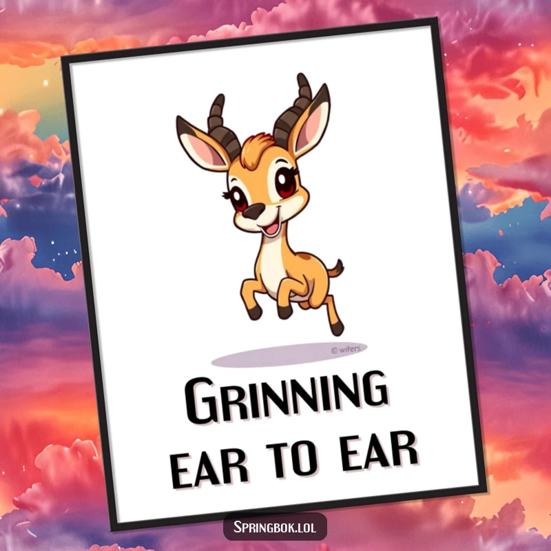 Funny Springbok Digital Art Print: A springbok hopping with a wide grin, a cheerful and humorous instant download.