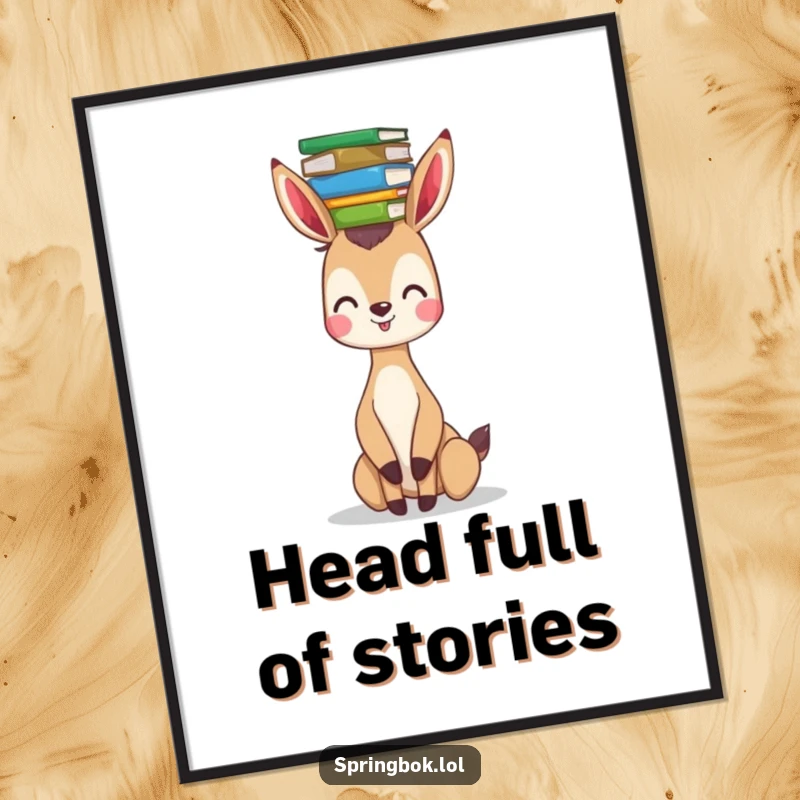 Funny springbok digital art print of a happy springbok balancing a stack of colorful books on its head, ideal for wall decoration.