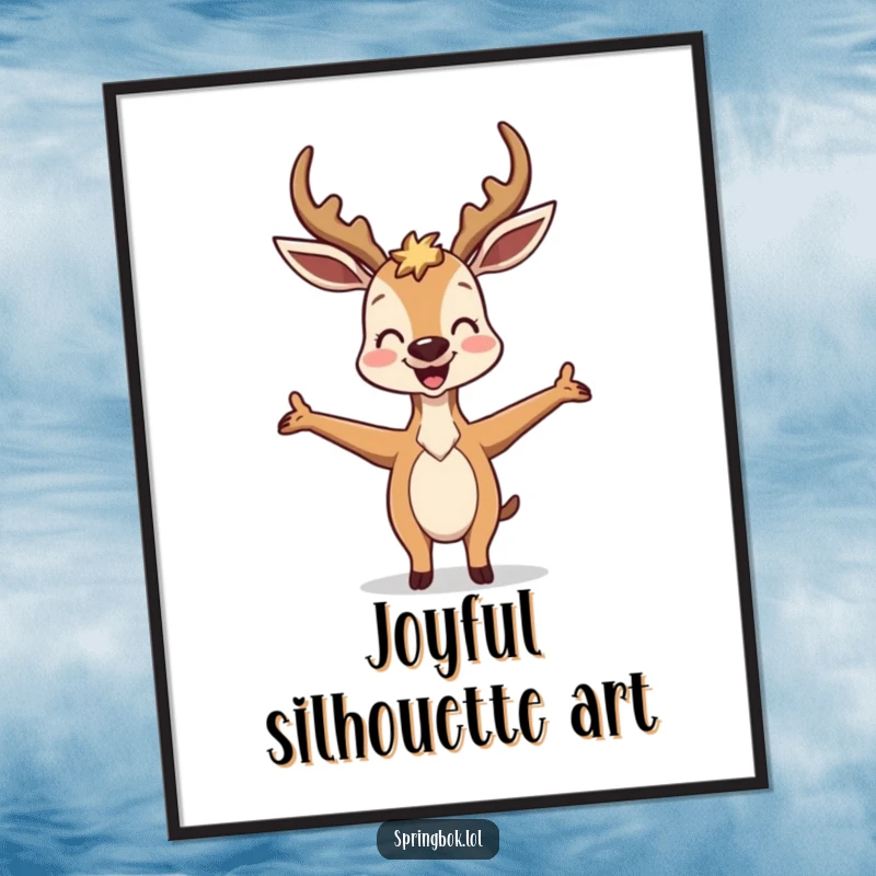 Funny Antelope Digital Art Print: A joyful antelope strikes a hilariously silly pose with arms wide open, creating vibrant, humorous decor.