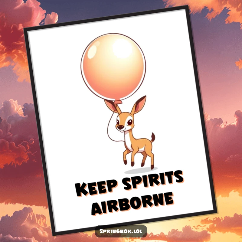 Funny Springbok Balloon Digital Art Print: A springbok joyfully bouncing a large, shiny balloon.