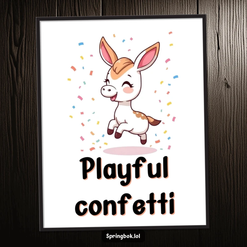 Funny digital art print of a Kawaii springbok tripping playfully and scattering confetti, instant adorable decor.