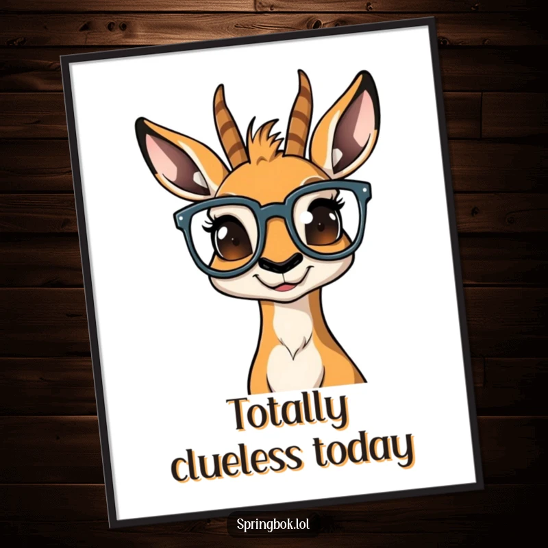 Funny springbok wearing oversized glasses, looking utterly bewildered, as a digital art print for decor.