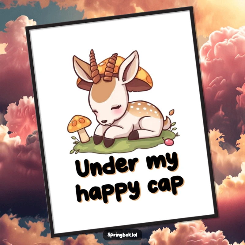 Funny Digital Art Print: A peaceful antelope sleeps under a colorful mushroom, depicted in a humorous and serene style for instant decor.