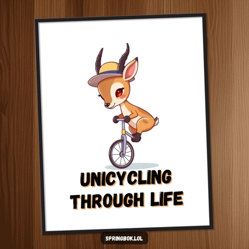 Funny Springbok Unicycle Digital Art Print: Springbok in a hat, riding a unicycle with intense concentration.