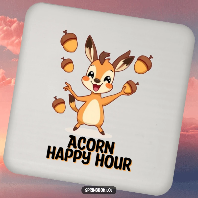 Funny springbok drink coaster featuring a springbok energetically juggling three acorns, adding a touch of whimsical protection.