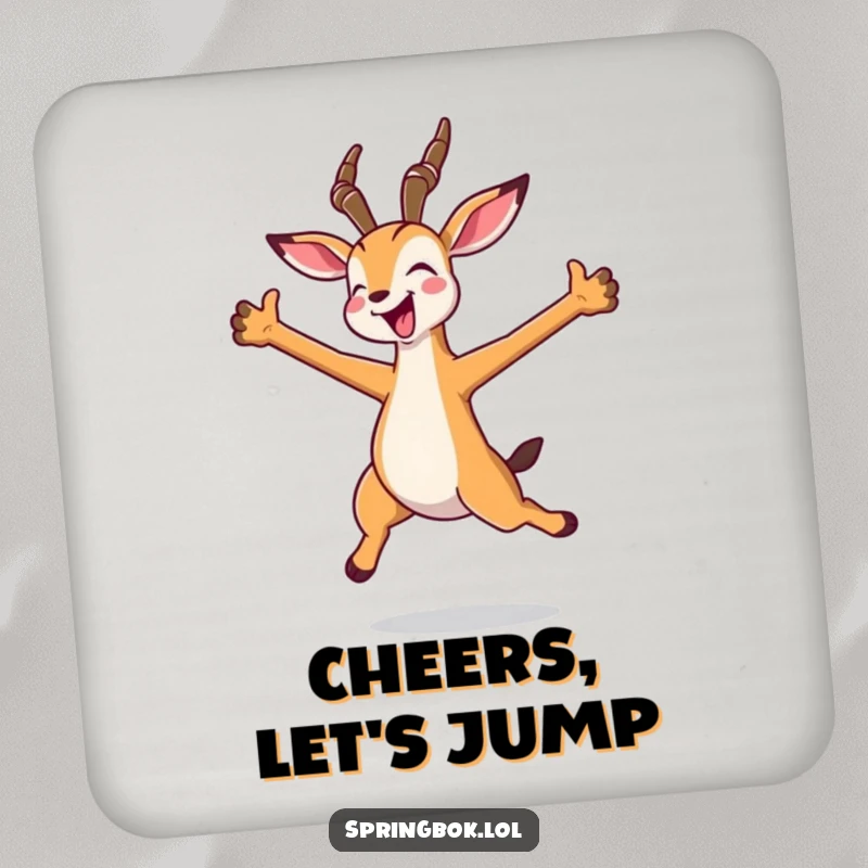Funny kawaii springbok coaster in a joyful jump with arms spread wide, protecting surfaces with adorable energy.