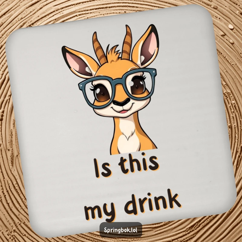 Funny springbok wearing oversized glasses, looking bewildered, printed on a protective drink coaster.
