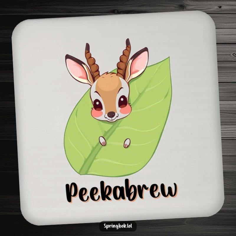 Funny Coaster: A shy antelope peeks from behind a green leaf, offering cute and humorous protection for your drinks and furniture.