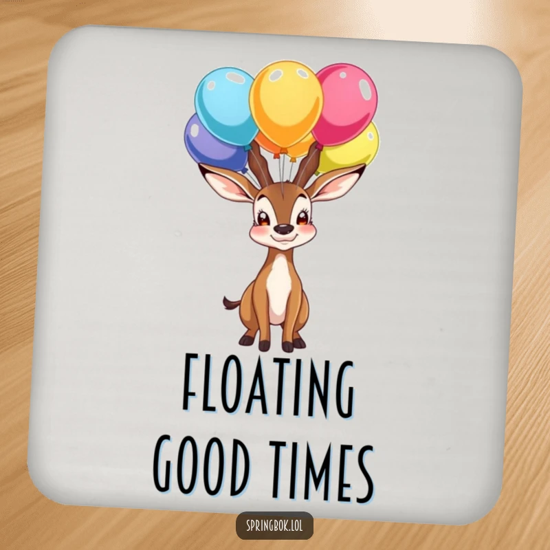Funny drink coaster showcasing a proud springbok character balancing colorful balloons on its nose, a whimsical table accent.