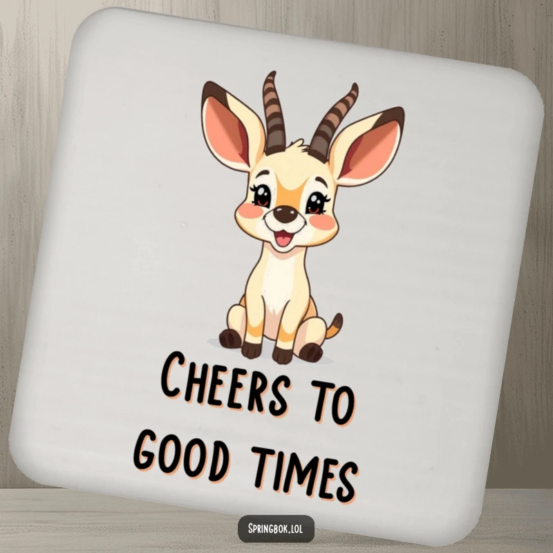 Funny springbok with big, bouncy ears twitching with glee, printed on a protective drink coaster.