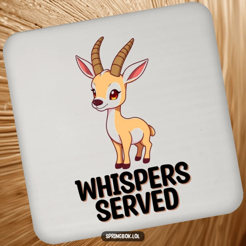 Funny springbok coaster displays a springbok looking over its shoulder in a funny pose, adding humorous protection.